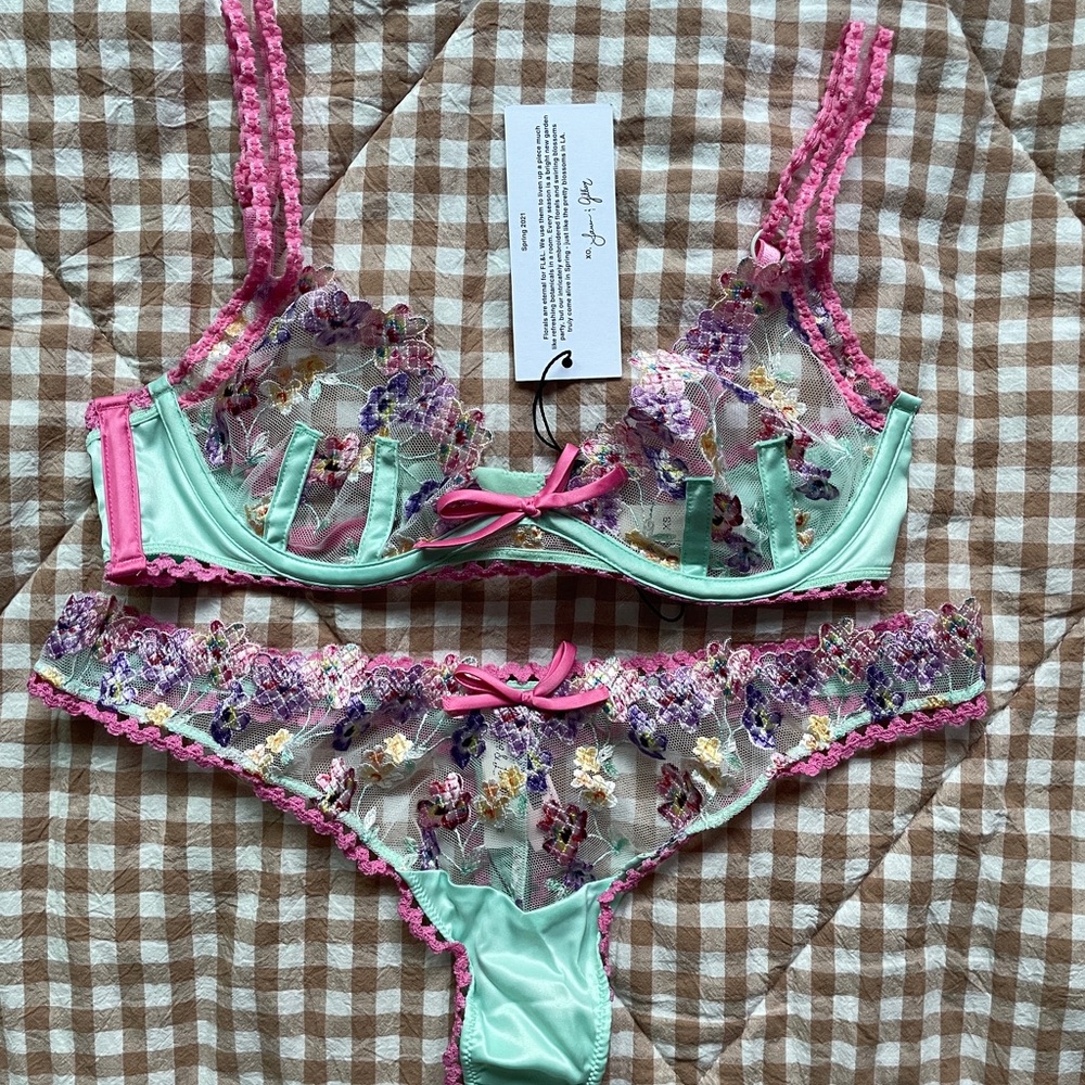 for love and lemons Floral Embroidered Lingerie Set - Pink and Green
